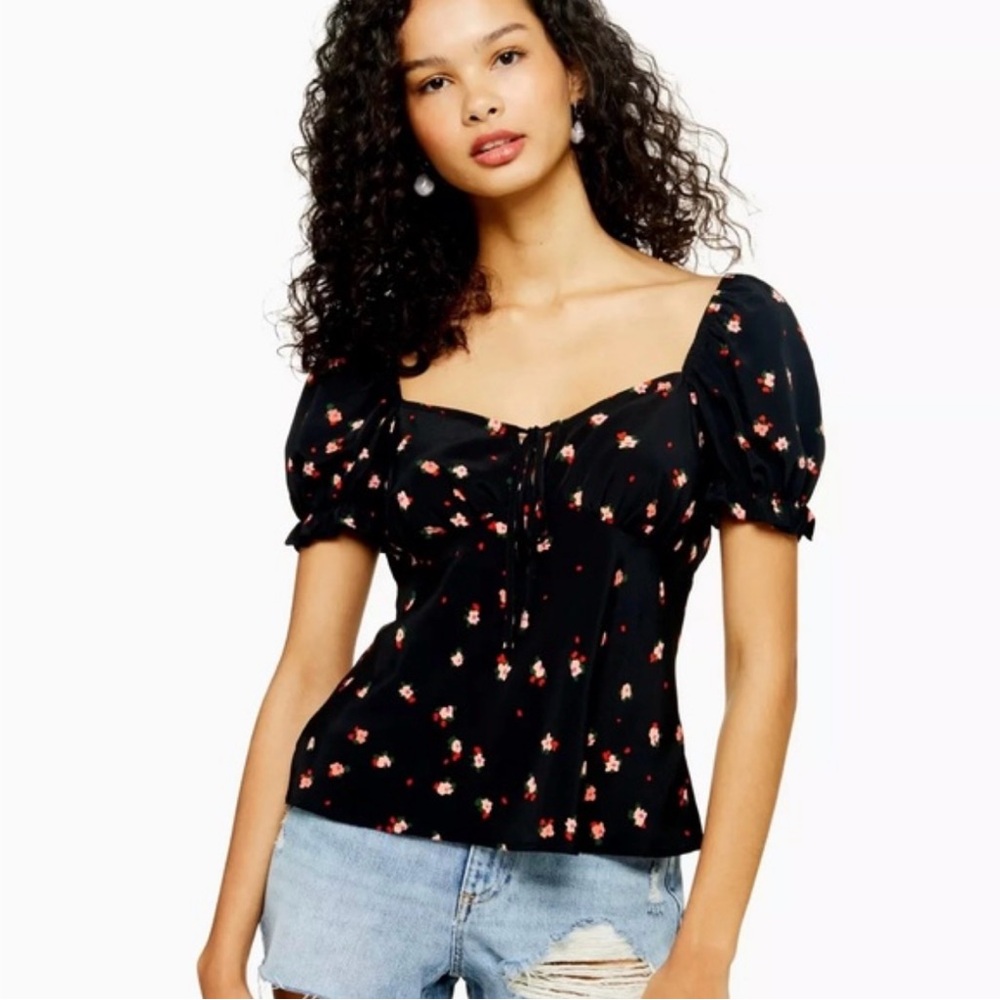 Topshop Black Floral Puff Sleeve Blouse